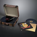 Open Vintage Leather Case Vinyl Record Player With Black Vinyl Records And Album Covers