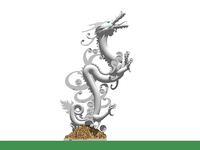 White Dragon Sculpture With Ornate Curled Body And Golden Base 3d model