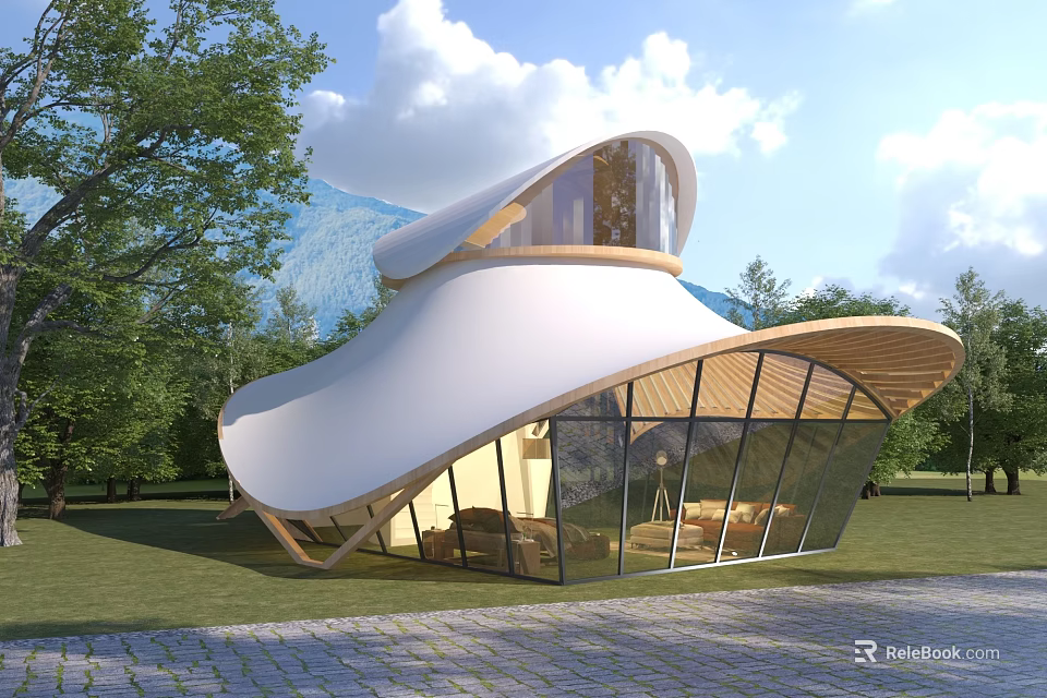 Modern Boutique Guesthouse With Curved White Roof Large Glass Windows Wooden Frames And Green Surroundings 3d model 