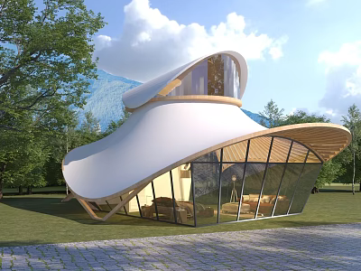 Modern Boutique Guesthouse With Curved White Roof Large Glass Windows Wooden Frames And Green Surroundings 3d model