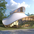 Modern Boutique Guesthouse With Curved White Roof Large Glass Windows Wooden Frames And Green Surroundings