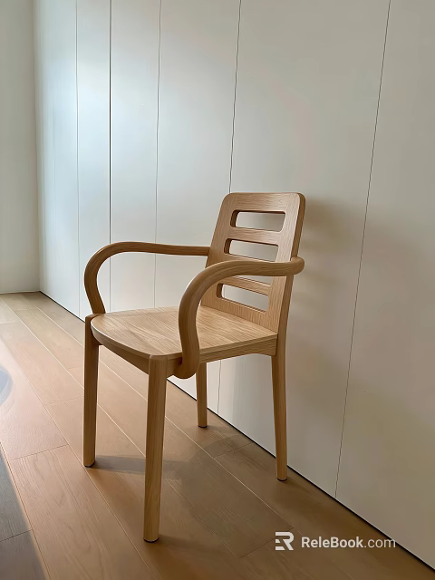 Wooden Dining Chair with Armrests and Slatted Backrest Modern Interior Light Walls Wooden Floor 3d model 