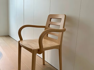 Wooden Dining Chair with Armrests and Slatted Backrest Modern Interior Light Walls Wooden Floor 3d model