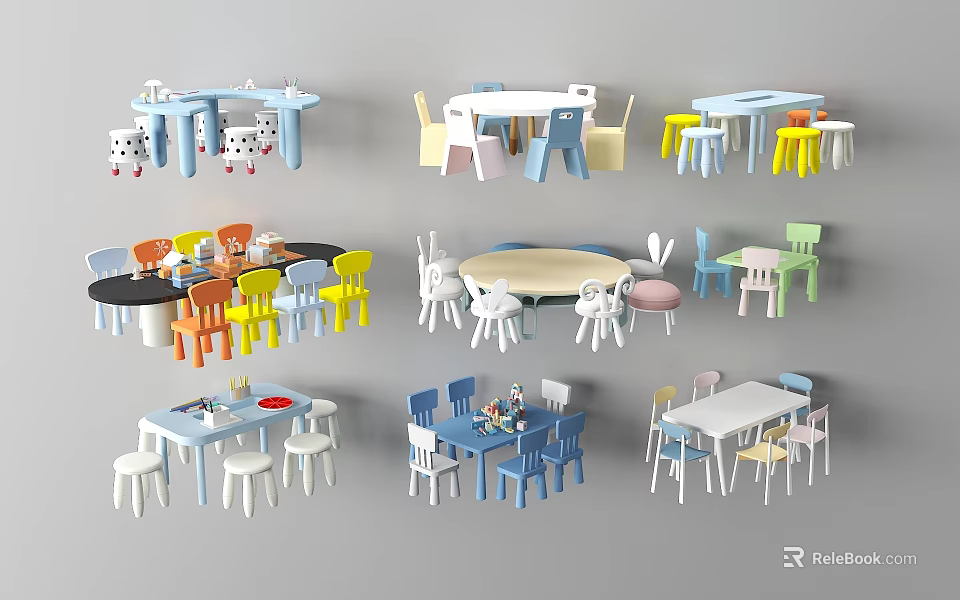 Colorful Kids Table and Chair Sets with Various Styles for Playroom and Kindergarten Furniture 3d model 