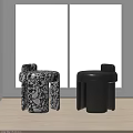 Two Modern Stools Black White Patterned and Solid Black in Bright Interior 3d model