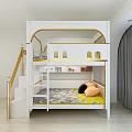 White And Gold Modern Bunk Bed With Staircase Storage Bookshelf Lower Yellow Mattress Near Window
