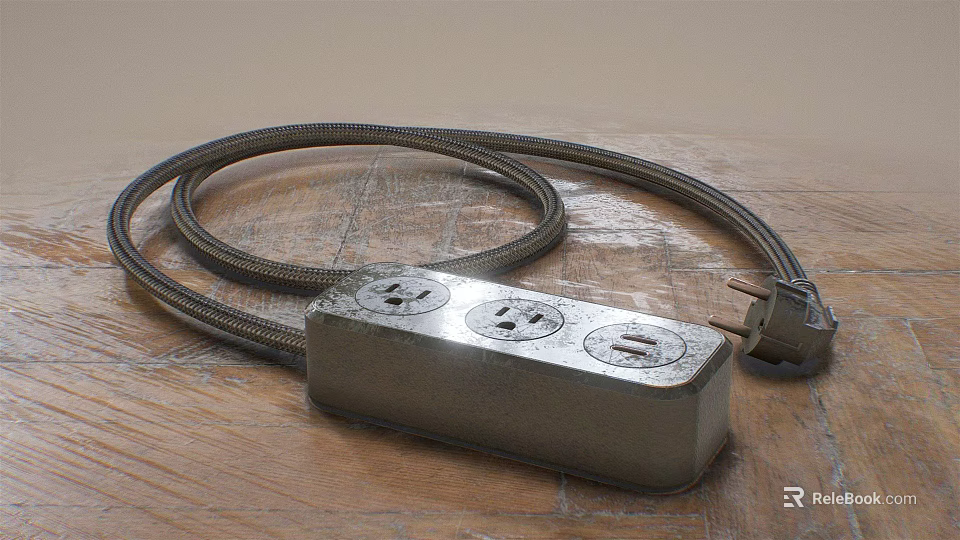 Power Strip With Three Outlets And Braided Cable On Wooden Table Surface 3d model 