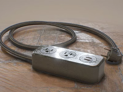 Power Strip With Three Outlets And Braided Cable On Wooden Table Surface 3d model