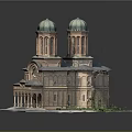 Detailed European-style Architecture Model With Green Domes Brick Towers And Surrounding Greenery