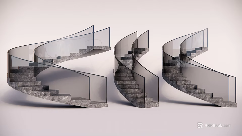 Modern Spiral Staircase Interior Design With Glass Railing And Stone Steps 3d model