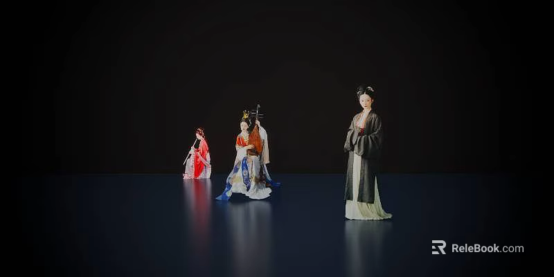 Female Statues in Traditional Costumes Standing Against Dark Background With Reflective Floor 3d model 