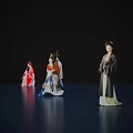 Female Statues in Traditional Costumes Standing Against Dark Background With Reflective Floor