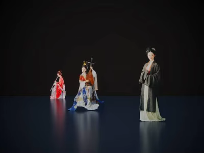 Female Statues in Traditional Costumes Standing Against Dark Background With Reflective Floor 3d model