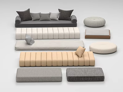 Modern Sofa And Various Upholstered Benches With Round Cushions And Different Colors 3d model