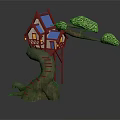 Cartoon Scene of Red Tree House with Blue Roof Yellow Windows and Green Tree Branches