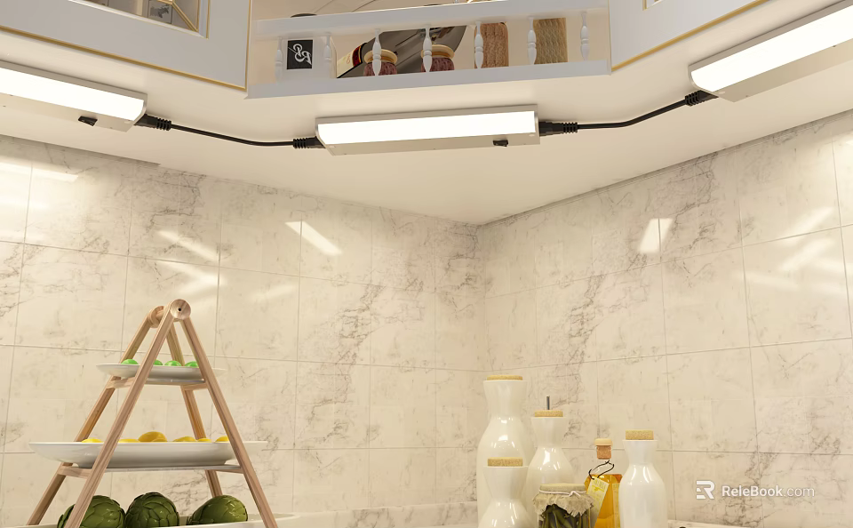 Bright Modern Kitchen Interior With Marble Walls Ceiling Lights Wooden Fruit Stand And Glass Bottles 3d model 