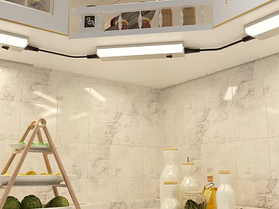 Bright Modern Kitchen Interior With Marble Walls Ceiling Lights Wooden Fruit Stand And Glass Bottles 3d model