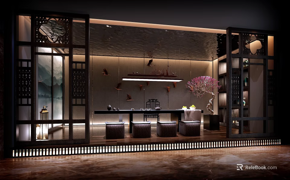 Traditional Chinese Tea Room Interior With Wooden Tea Table Seats And Decorative Tree Lighting 3d model 