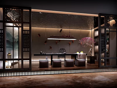 Traditional Chinese Tea Room Interior With Wooden Tea Table Seats And Decorative Tree Lighting 3d model