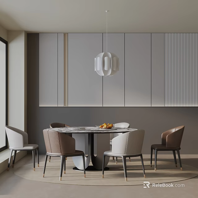 Modern Dining Table Set With Round Table Mixed Chairs Pendant Light Gray Cabinets And Fruits 3d model 
