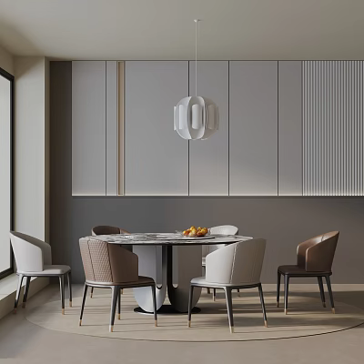 Modern Dining Table Set With Round Table Mixed Chairs Pendant Light Gray Cabinets And Fruits 3d model