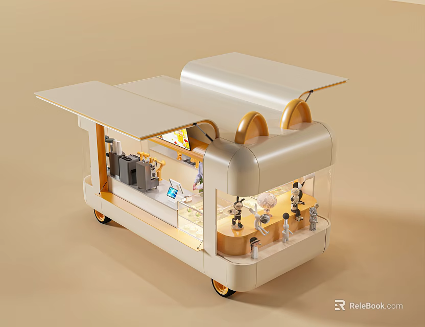 Modern Light Beige Mobile Coffee Cart Design With Transparent Display And Coffee Equipment 3d model 