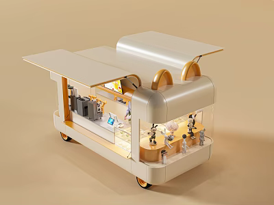Modern Light Beige Mobile Coffee Cart Design With Transparent Display And Coffee Equipment 3d model