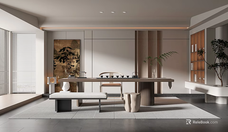 Modern Open Tea Room Interior With Wooden Tea Table And Decorative Plants 3d model 