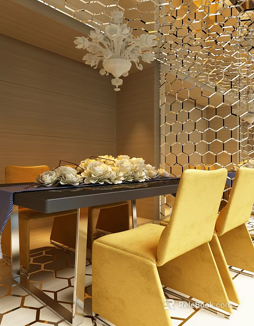 Dining Table Set with Yellow Chairs Floral Centerpiece Hexagonal Geometric Wall and Chandelier 3d model 