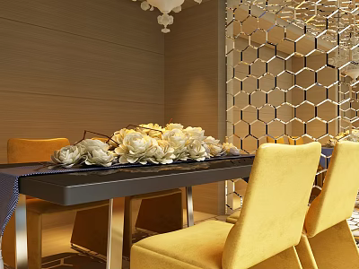 Dining Table Set with Yellow Chairs Floral Centerpiece Hexagonal Geometric Wall and Chandelier 3d model