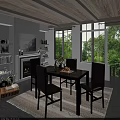 Elegant Dining Table Set with 4 Dark Leather Chairs and Marble Top in Bright Interior