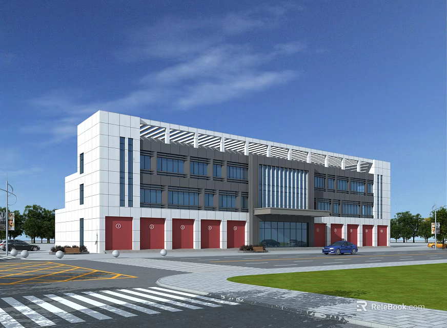 Modern Fire Station Exterior Building With Red Garage Doors And Parking Area 3d model 
