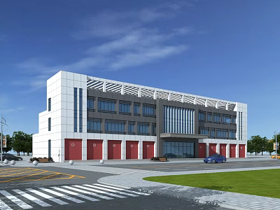Modern Fire Station Exterior Building With Red Garage Doors And Parking Area 3d model
