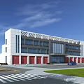 Modern Fire Station Exterior Building With Red Garage Doors And Parking Area