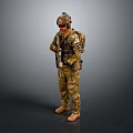 Military Style Game And Movie Character In Camouflage Uniform With Helmet Goggles Backpack And Weapon