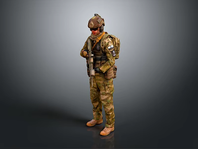 Military Style Game And Movie Character In Camouflage Uniform With Helmet Goggles Backpack And Weapon 3d model