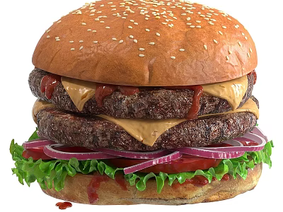 Delicious Juicy Double Patty Hamburger With Sesame Seed Bun Cheese Ketchup Red Onion And Lettuce 3d model