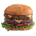 Delicious Juicy Double Patty Hamburger With Sesame Seed Bun Cheese Ketchup Red Onion And Lettuce