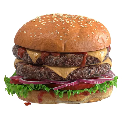 Delicious Juicy Double Patty Hamburger With Sesame Seed Bun Cheese Ketchup Red Onion And Lettuce 3d model