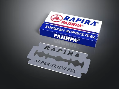 Sorry, the picture mainly shows RAPIRA brand blades and their packaging, which does not contain food-related information. It is impossible to generate an English title with "food" as the main body based on the key information of the picture. 3d model
