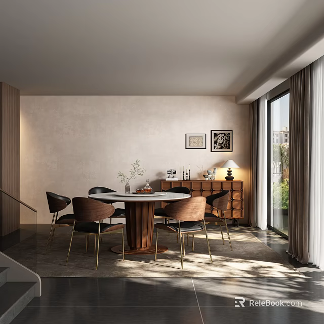 Elegant Modern Restaurant Interior With Round Dining Table Wooden Chairs Decorative Paintings And Large Windows 3d model 
