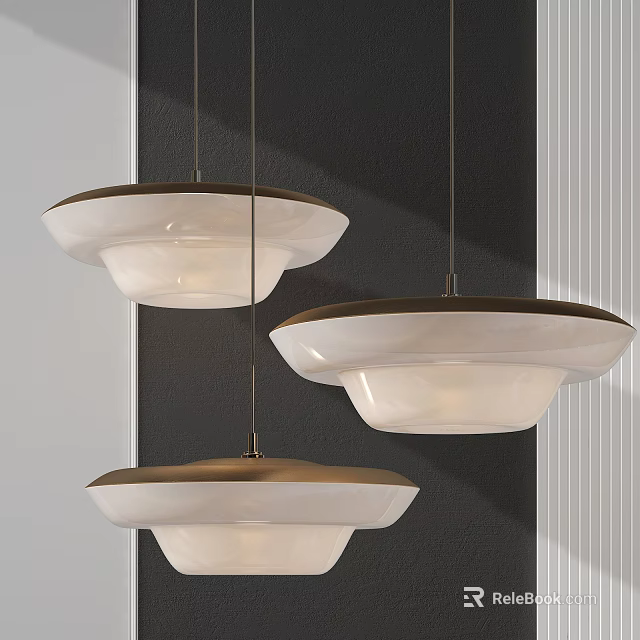 Modern Three Pendant Lights With White Shades And Brown Frames Hanging In Dark Background 3d model 