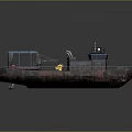 Rusty Red Brown Water Transport Boat With Blue Cabin Deck Equipment And Yellow Markings