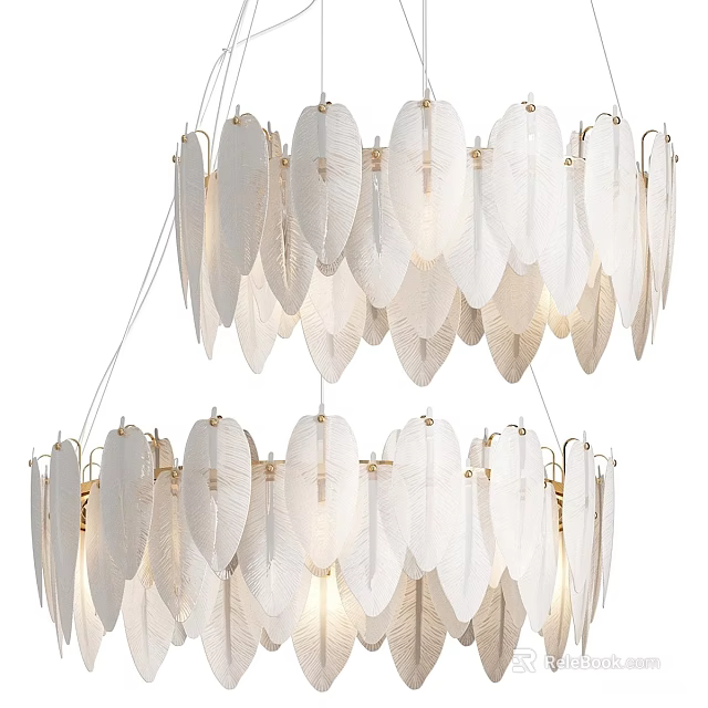 Elegant Modern Double Layered Chandelier With White Feather Shaped Decor And Golden Metal Frame 3d model 
