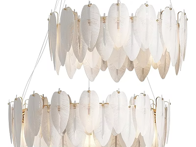Elegant Modern Double Layered Chandelier With White Feather Shaped Decor And Golden Metal Frame 3d model