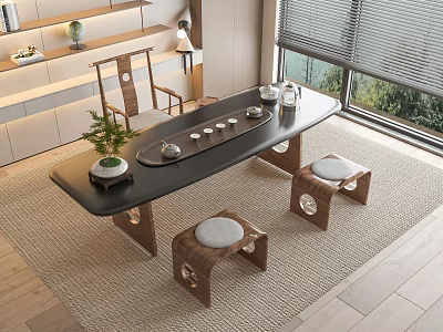 Modern Wooden Tea Table and Stools with Black Tabletop Tea Sets and Plant Near Window 3d model
