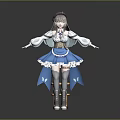 Fantasy Game Character Wearing Blue Skirt White Top Brown Hair Bow And Open Arms