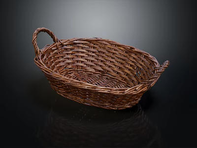 Practical Brown Woven Rattan Basket With Dual Handles For Home Storage 3d model