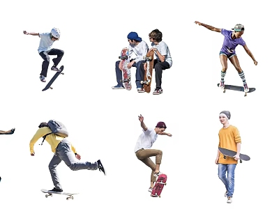 Group of Active Skateboarders in Different Poses Holding Boards and Backpacks 3d model
