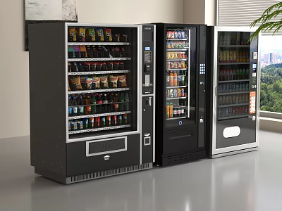 Multiple Beverage Vending Machines Stocked With Various Drinks In Modern Indoor Setting 3d model